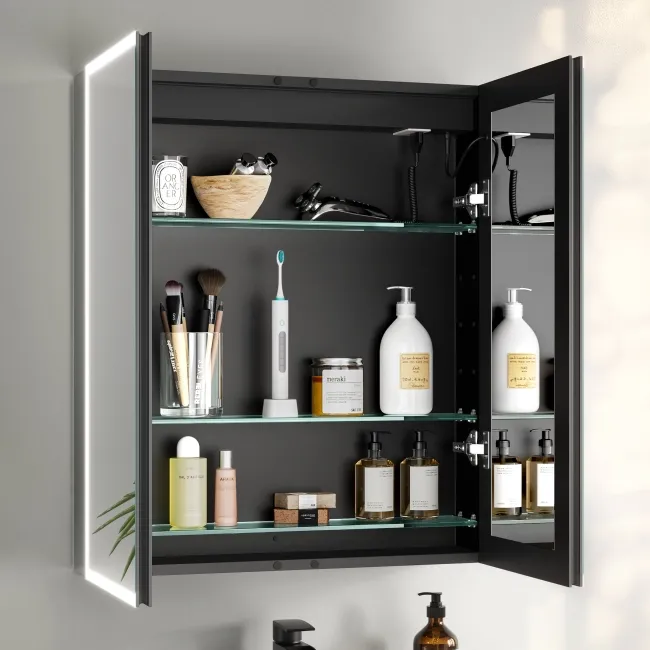 Esme Matt Black Illuminated LED Recessed Mirror Cabinet 700x600mm