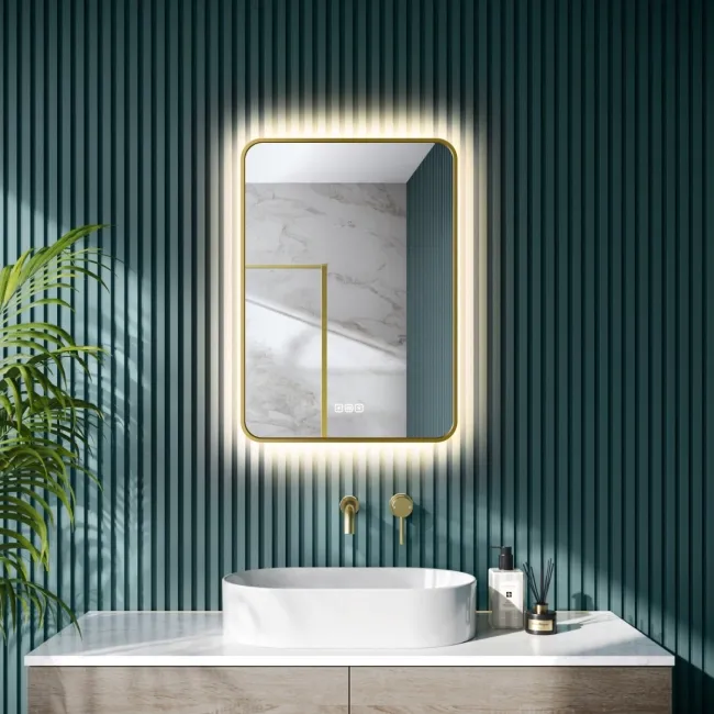 Mila Brushed Brass Backlit Illuminated LED Mirror With BLUETOOTH Speaker 700x500mm