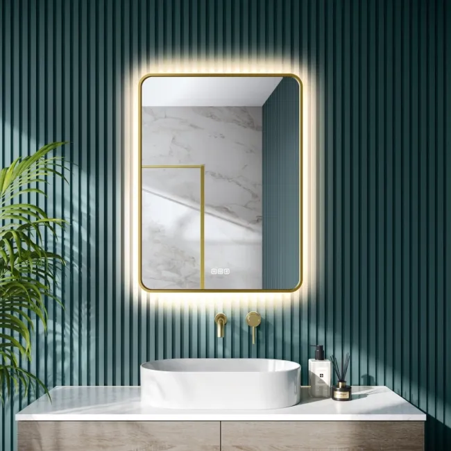 Mila Brushed Brass Backlit Illuminated LED Mirror With BLUETOOTH Speaker 800x600mm