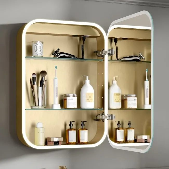 Willow Brushed Brass Illuminated LED Mirror Cabinet With BLUETOOTH Speaker & USB Port 700x500mm