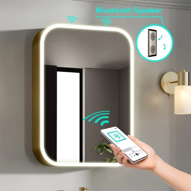 Willow Brushed Brass Illuminated LED Mirror Cabinet With BLUETOOTH Speaker & USB Port 700x500mm
