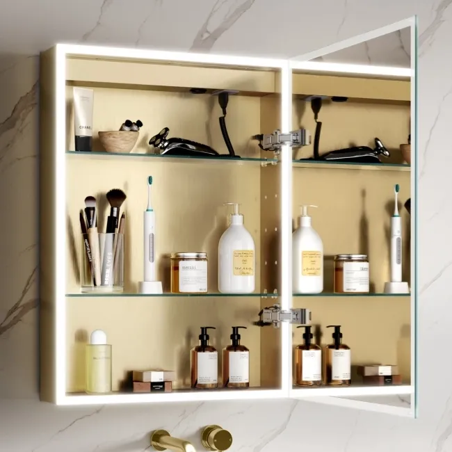Margot Brushed Brass Illuminated LED Mirror Cabinet With BLUETOOTH Speaker & USB Port 700x500mm