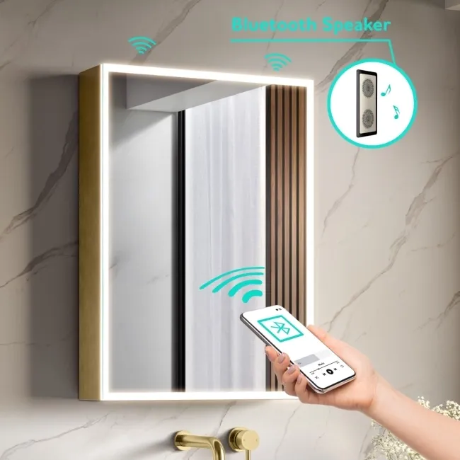 Margot Brushed Brass Illuminated LED Mirror Cabinet With BLUETOOTH Speaker & USB Port 700x500mm