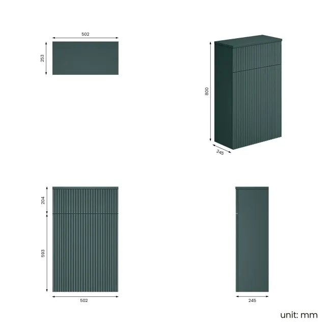 Crete Fluted Mystic Green Slimline Back To Wall Toilet Unit 500mm