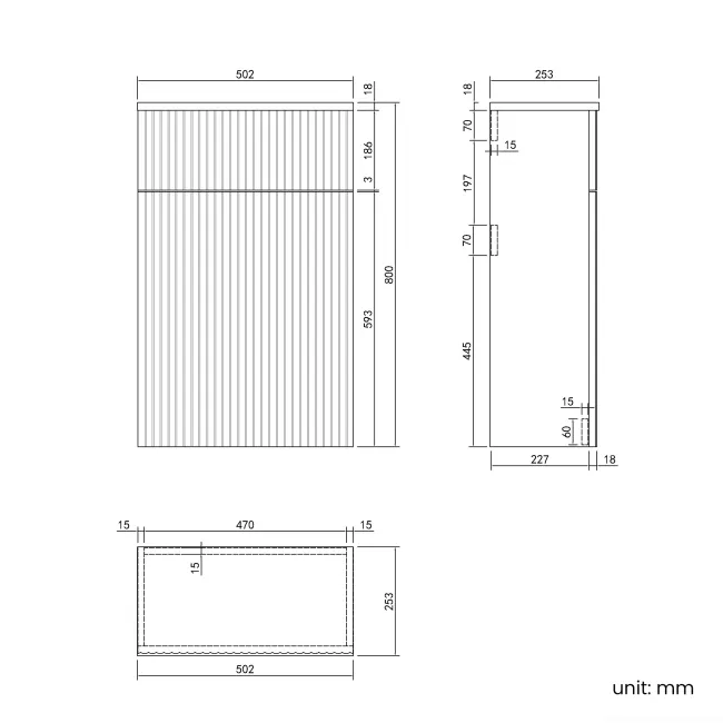 Crete Fluted Charcoal Elm Slimline Back To Wall Toilet Unit 500mm