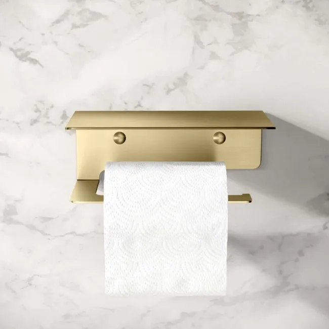 Remi Easy Fix Brushed Brass Toilet Roll Holder with Shelf