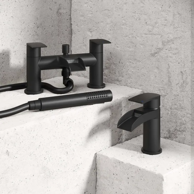 Eden Matt Black Waterfall Basin & Shower Bath Mixer Tap Set