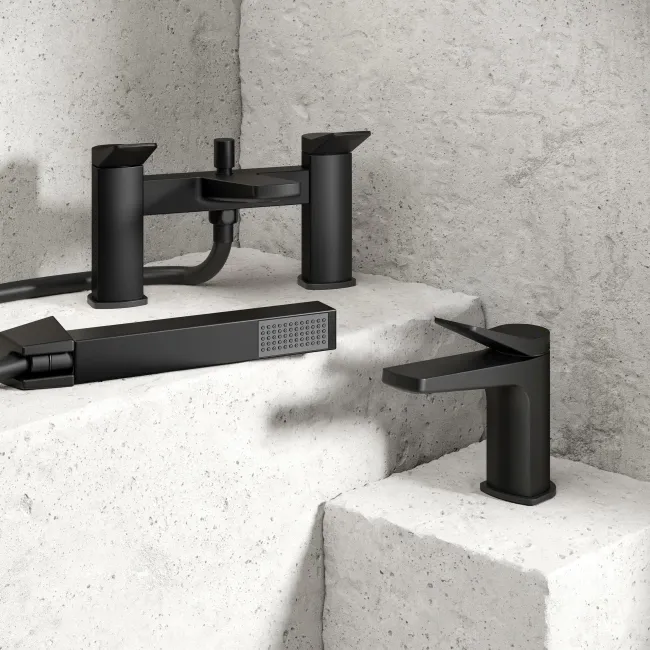 Aire Matt Black Basin & Shower Bath Mixer Tap Set