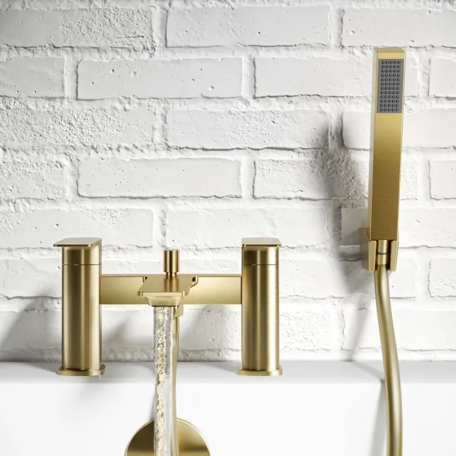 Lune Brushed Brass Basin & Shower Bath Mixer Tap Set