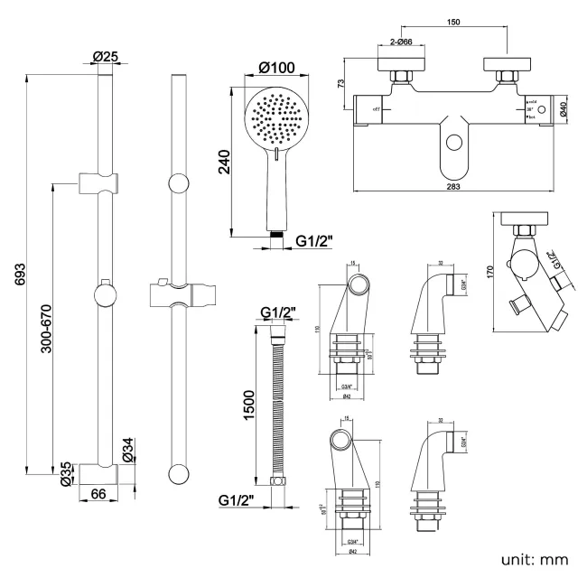 Ballina Premium Bath Mounted Thermostatic Bath Filler Set With Multi-function Hand Shower