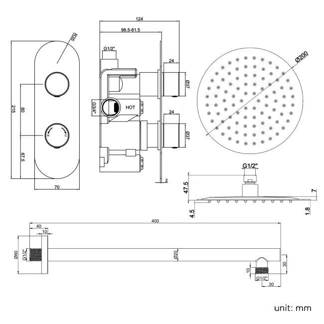 Ballina Premium Chrome Round Thermostatic Shower Set - 200mm Head