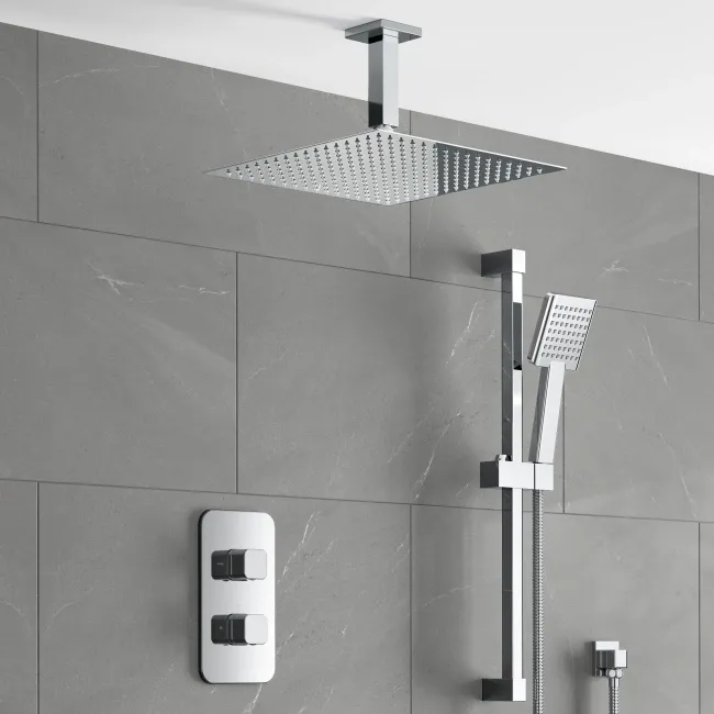 Galway Premium Ceiling Chrome Square Thermostatic Shower Set - 300mm Head & Slider Shower