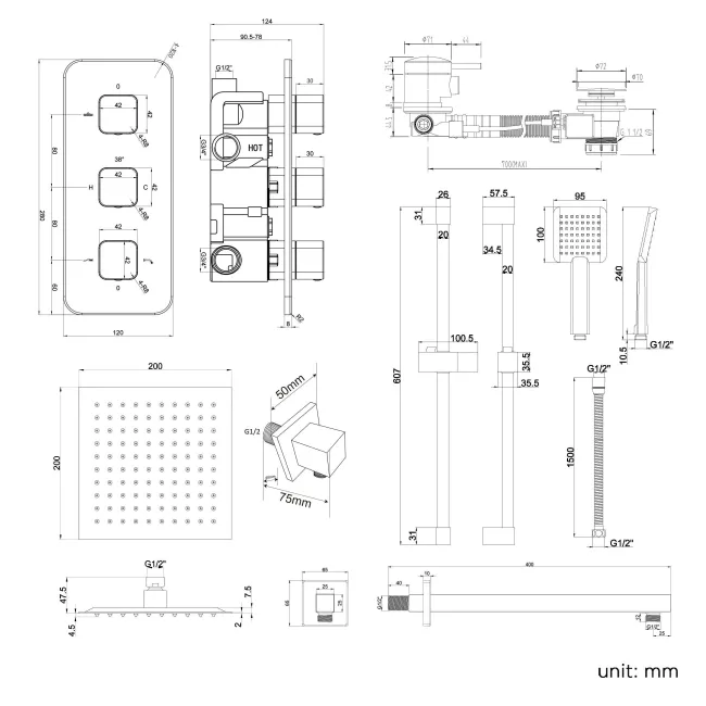 Galway Premium Chrome Square Thermostatic Bath Filler Shower Set - 200mm Head & Slider Shower