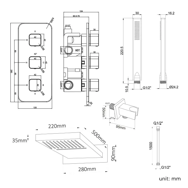 Galway Premium Matt Black Square Thermostatic Waterfall Shower Set & Hand Shower