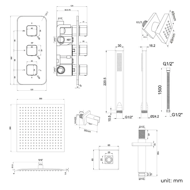 Galway Premium Ceiling Matt Black Square Thermostatic Set - 300mm Head, Hand Shower & Jets