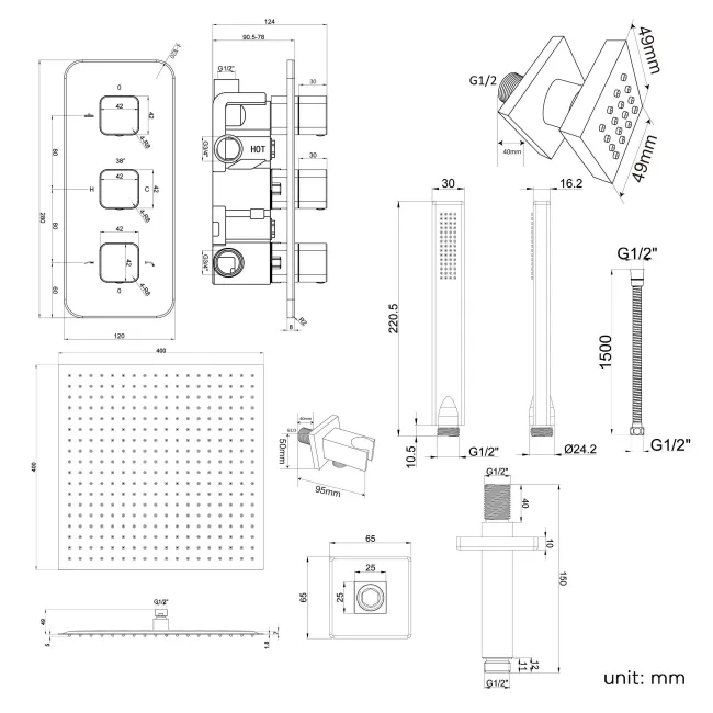 Galway Premium Ceiling Matt Black Square Thermostatic Set - 400mm Head, Hand Shower & Jets