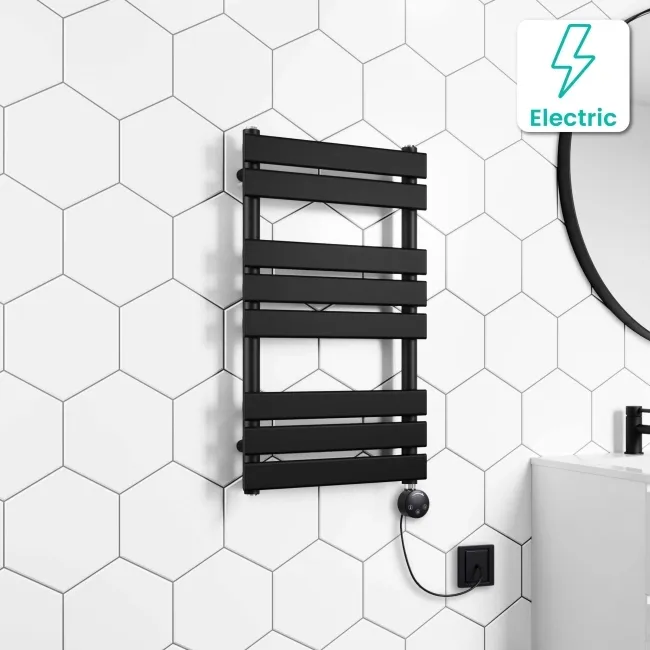 Santorini Electric Matt Black Flat Panel Heated Towel Rail 800x450mm