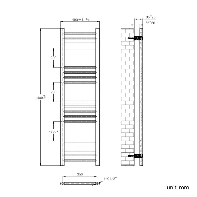 Barcelona Electric Matt Black Straight Heated Towel Rail 1400x400mm