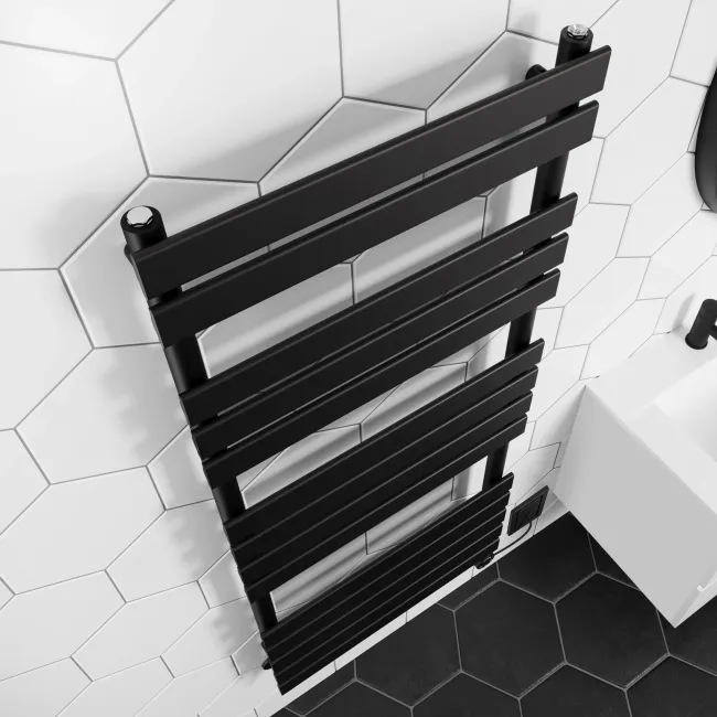 Santorini Electric Matt Black Flat Panel Heated Towel Rail 1400x600mm