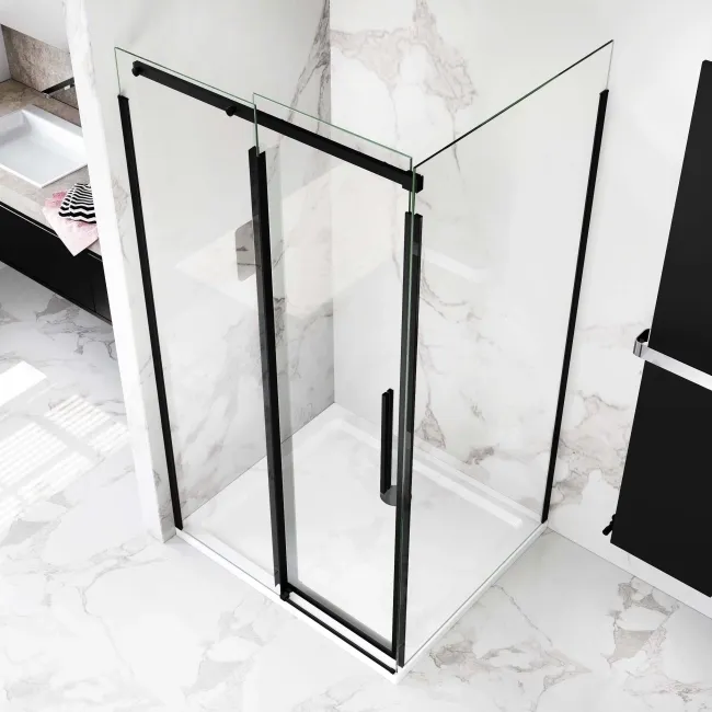 Stockholm Matt Black Easy Clean 8mm Frameless Sliding Shower Enclosure 1100x800mm