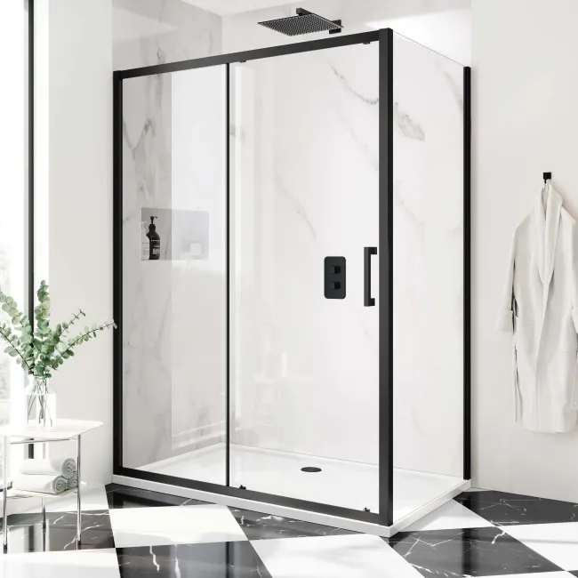Hamburg Matt Black Easy Clean 8mm Sliding Shower Enclosure 1400x900mm - Easy Fix