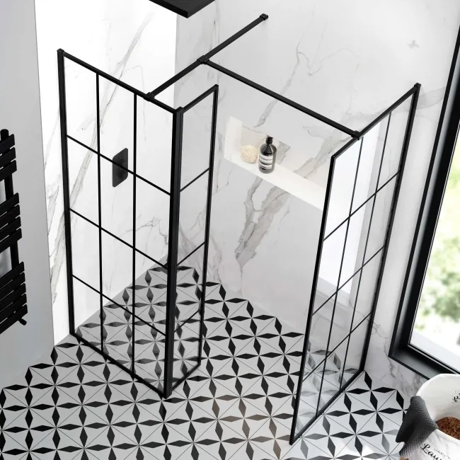Munich Matt Black Grid 8mm Walk In Shower Enclosure 700mm & 700mm Glass with Pivotal Return Panel