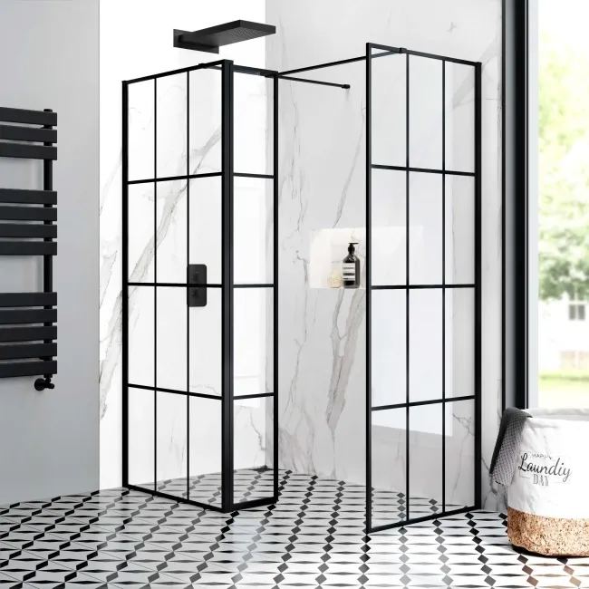 Munich Matt Black Grid 8mm Walk In Shower Enclosure 800mm & 700mm Glass with Pivotal Return Panel