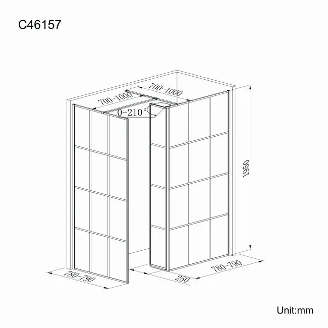 Munich Matt Black Grid 8mm Walk In Shower Enclosure 800mm & 800mm Glass with Pivotal Return Panel