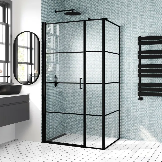 Toulon Matt Black Grid Easy Clean 6mm Pivot Shower Enclosure 1100x800mm