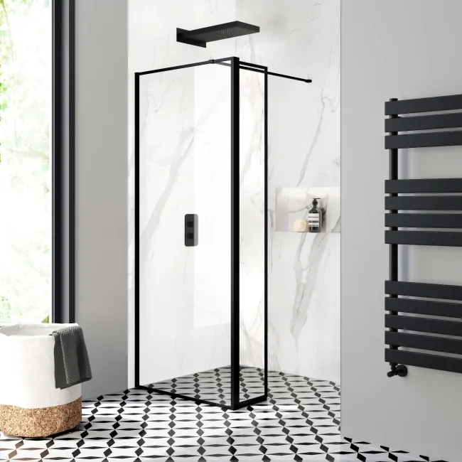 Munich Matt Black Framed 8mm Wet Room Shower Glass 800mm & 250mm Pivotal Return Panel