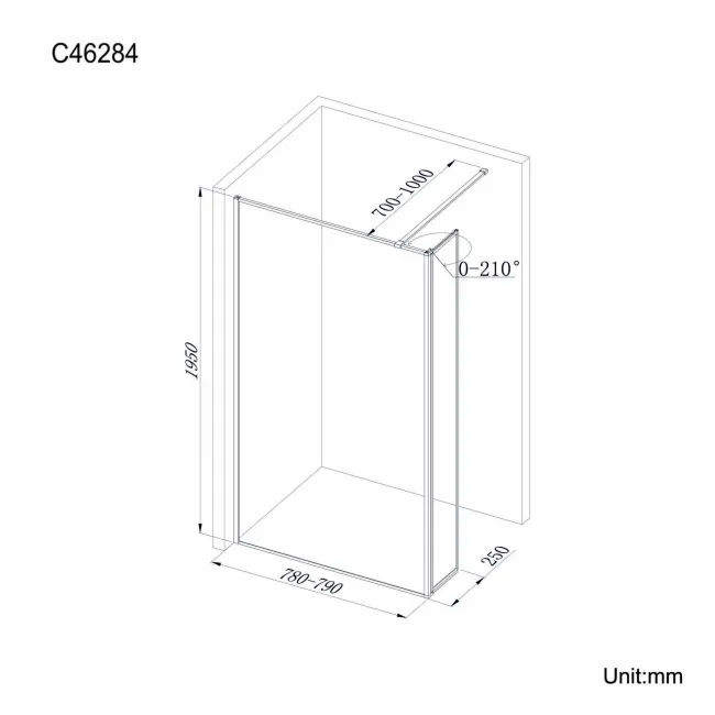 Munich Matt Black Framed 8mm Wet Room Shower Glass 800mm & 250mm Pivotal Return Panel