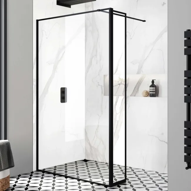Munich Matt Black Framed 8mm Wet Room Shower Glass 1200mm & 250mm Pivotal Return Panel