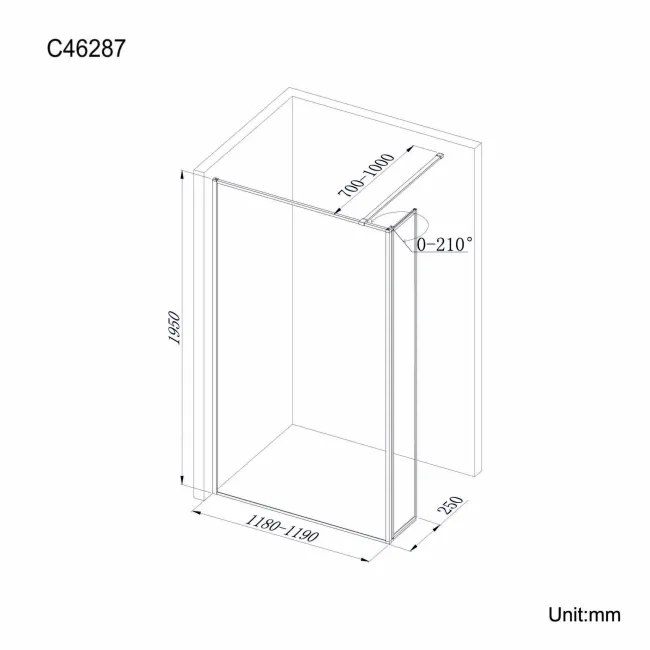 Munich Matt Black Framed 8mm Wet Room Shower Glass 1200mm & 250mm Pivotal Return Panel