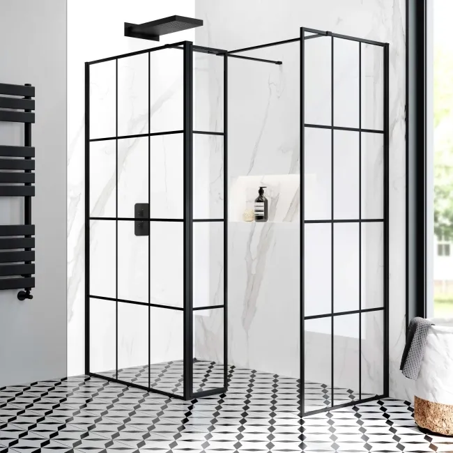 Munich Matt Black Grid 8mm Walk In Shower Enclosure 1100mm & 800mm Glass with Pivotal Return Panel