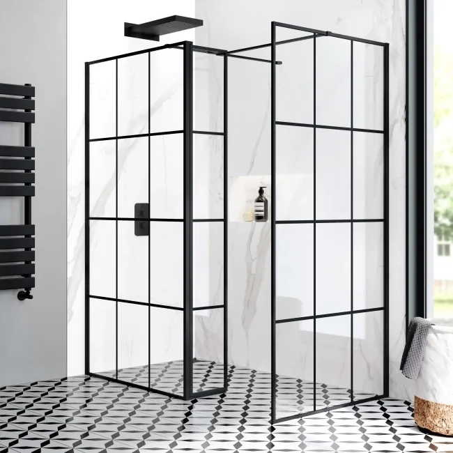 Munich Matt Black Grid 8mm Walk In Shower Enclosure 1100mm & 900mm Glass with Pivotal Return Panel