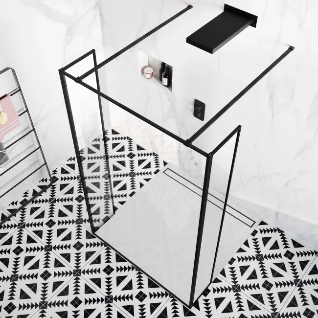 Munich Matt Black Framed 8mm Walk Through Wet Room Shower Glass Panel 1100mm & 250mm Return Panel