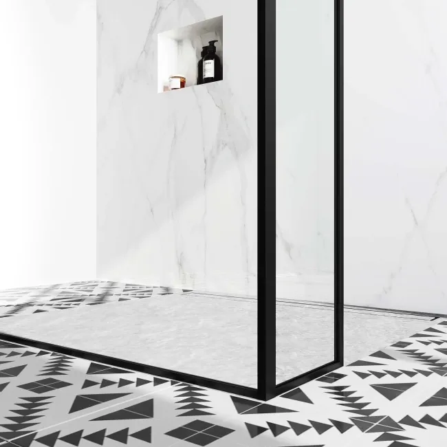 Munich Matt Black Framed 8mm Walk Through Wet Room Shower Glass Panel 1100mm & 250mm Return Panel