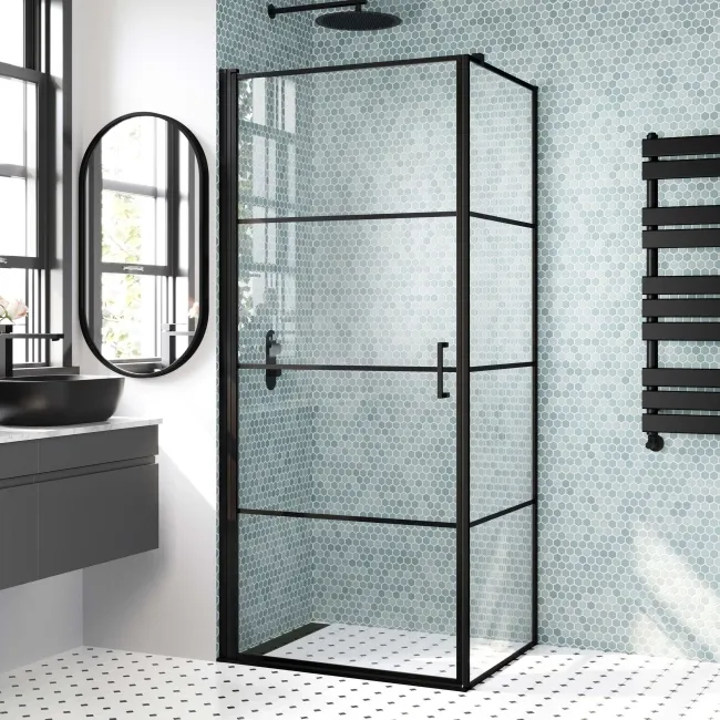 Toulon Matt Black Grid Easy Clean 6mm Pivot Shower Enclosure 900x700mm