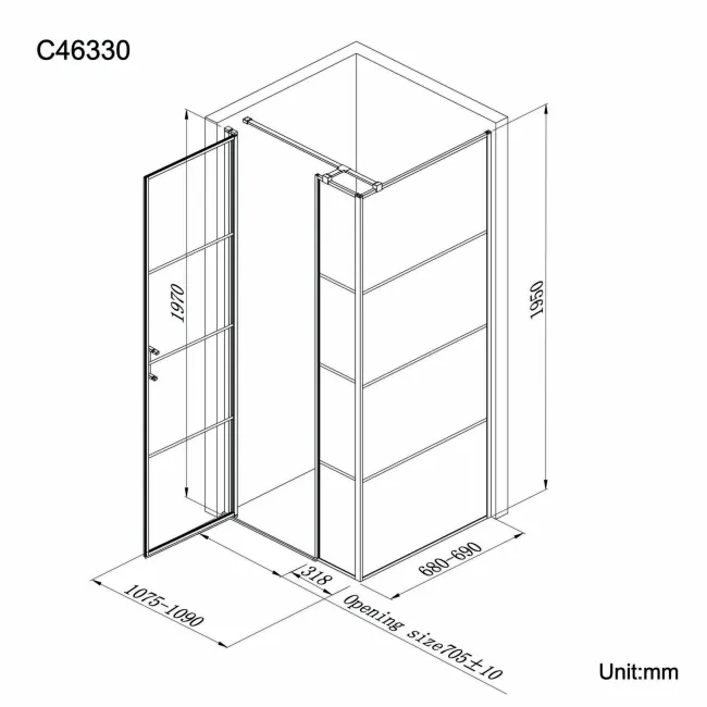 Toulon Matt Black Grid Easy Clean 6mm Pivot Shower Enclosure 1100x700mm