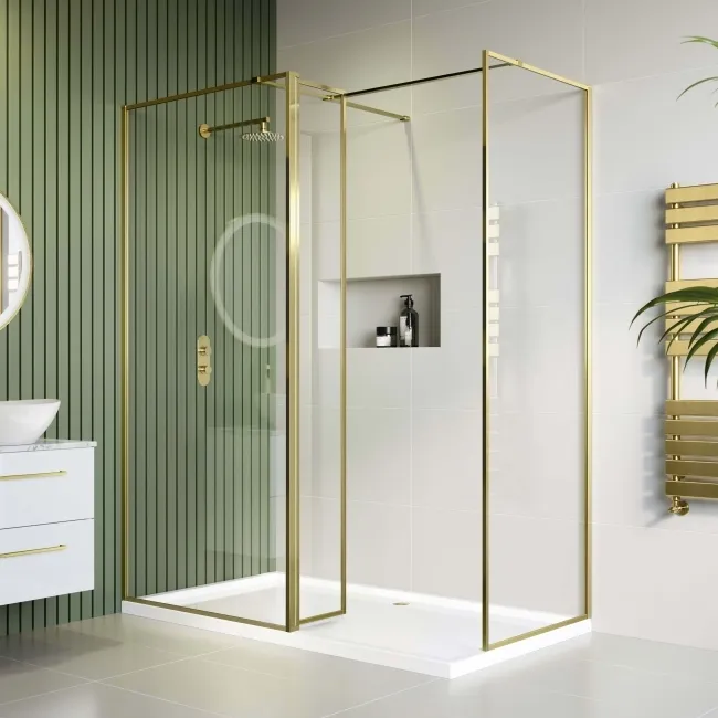 Munich Brushed Brass Framed 8mm Walk In Shower Enclosure 900mm & 700mm Glass with Return Panel