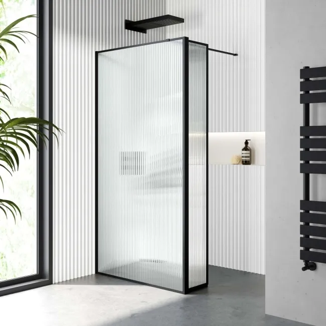 Munich Fluted Effect Matt Black Framed 8mm Wet Room Shower Glass 900mm & 250mm Pivotal Return Panel