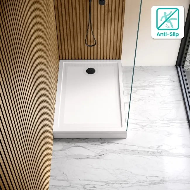 Doha Rectangular Gloss White Anti-Slip Stone Shower Tray 1100x800mm & Riser Kit