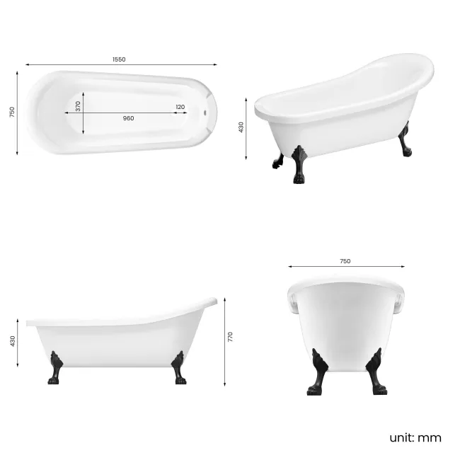 Highbury 1550mm Roll Top Slipper Bath - Black Claw Feet