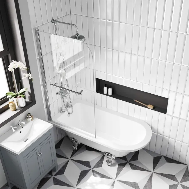 Abingdon 1500 Roll Top Shower Bath - Chrome Ball Feet & 6mm Easy Clean Screen With Rail