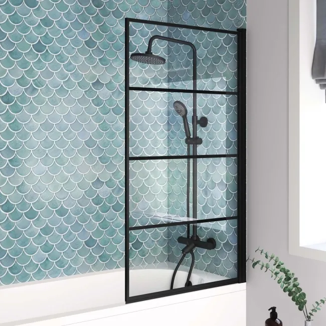 Oakham 1700 Space Saving Shower Bath & 6mm Easy Clean Matt Black Grid Bath Screen - Right Handed