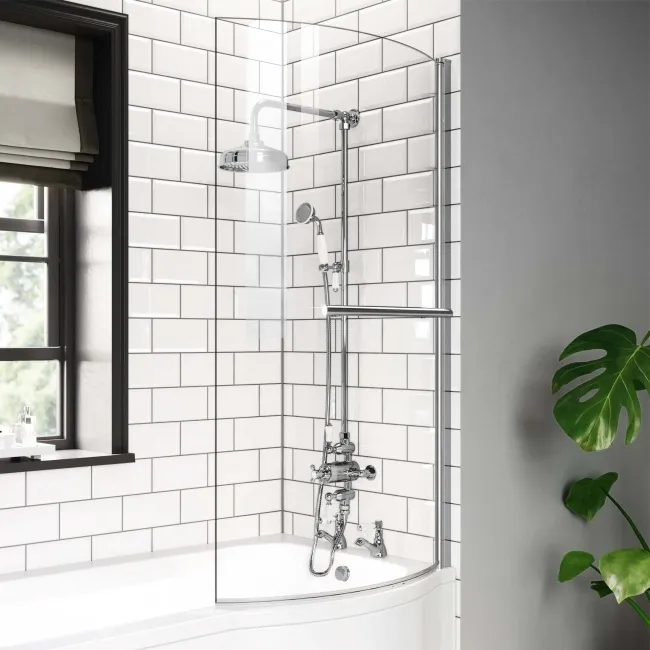 P Shaped 1500 Shower Bath with Front Panel & 6mm Easy Clean Screen with Rail - Right Handed