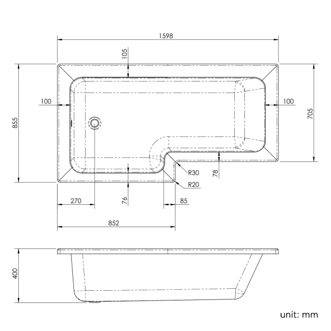 L Shaped 1600 Shower Bath & 4mm Fixed Screen with Rail - Left Handed
