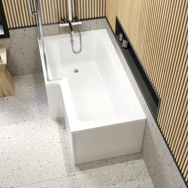 L Shaped 1600 Shower Bath & 6mm Easy Clean Screen with Rail - Left Handed