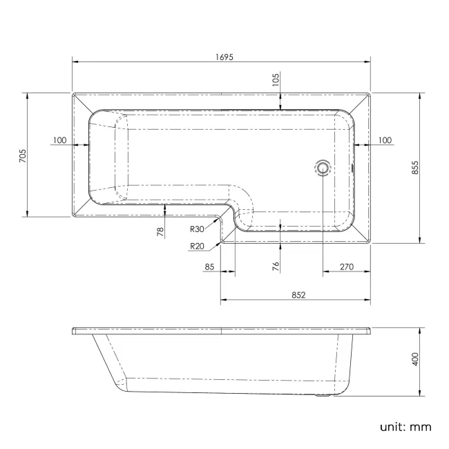 L Shaped 1700 Shower Bath & 4mm Fixed Screen with Rail - Right Handed