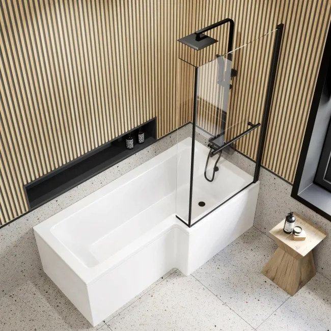 L Shaped 1700 Shower Bath & 6mm Matt Black Easy Clean Screen with Rail - Right Handed